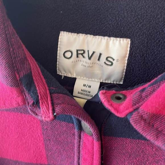 Orvis Fleece Lined Flannel Shacket Snap Button up Pink Navy checkered Medium - Picture 13 of 16